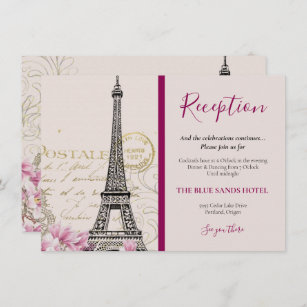 Vintager Pariser Eiffelturm Rosa Blüten Hochzeit Begleitkarte