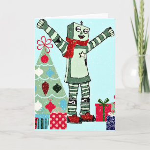 Vintager Pastel Holiday Robot Boy, Tree & Geschenk Feiertagskarte