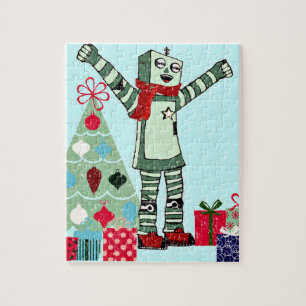 Vintager Pastel Holiday Robot Boy, Tree & Geschenk Puzzle