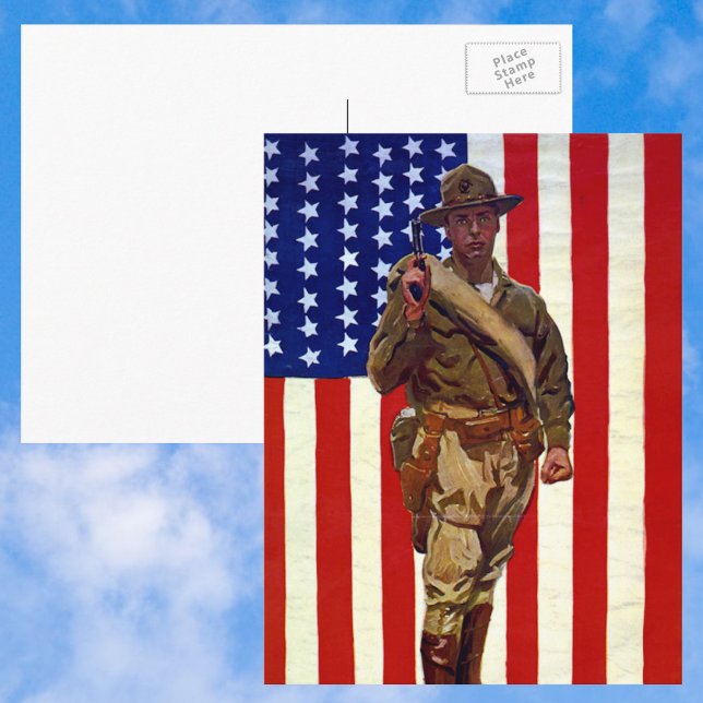 Vintager Patrioter Soldat mit amerikanischer Flagg Postkarte (Von Creator hochgeladen)
