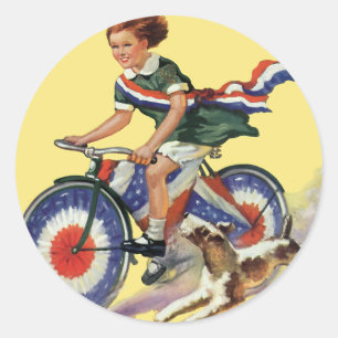 Vintager Patriotismus, Girl Riding a Patriotic Bik Runder Aufkleber