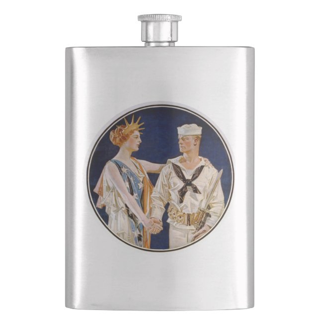 Vintager Patriotismus, Lady Liberty mit Marine Sea Flachmann (Vorderseite)