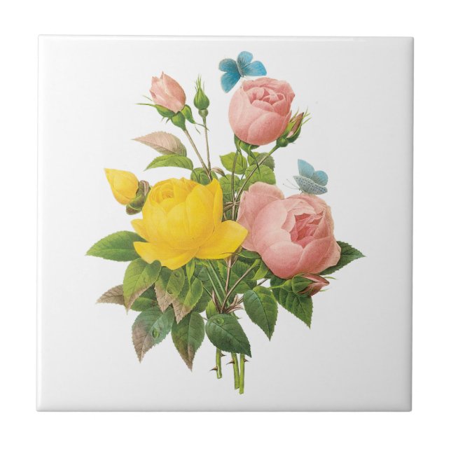 Vintager Perser Gelber Rosentee Rose von Redoute Fliese (Vorderseite)