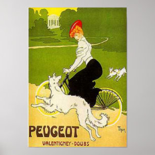 Vintager Peugeot-Reitzyklus mit Hunde-Runnin Poster