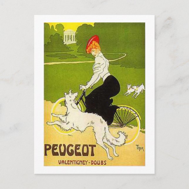 Vintager Peugeot-Reitzyklus mit Hunde-Runnin Postkarte (Vorderseite)