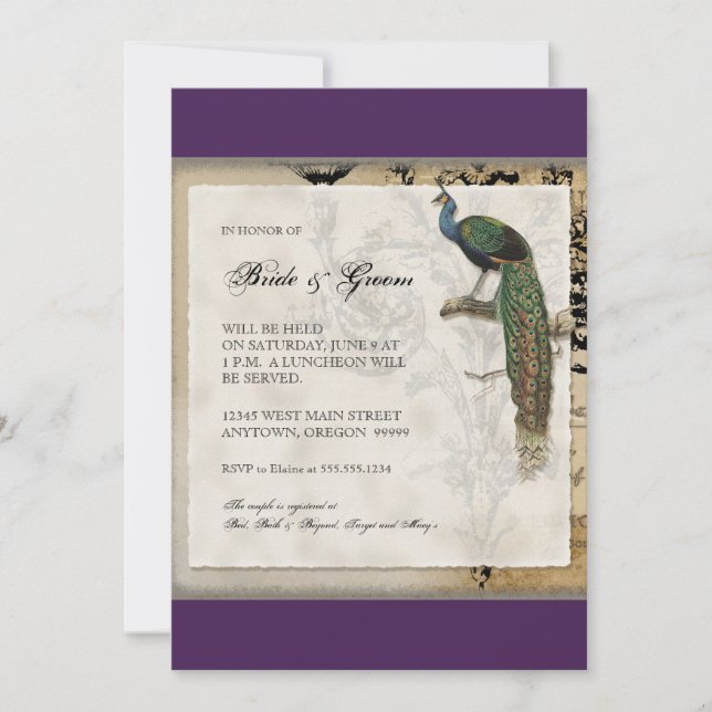 Vintager Pfau 6 - Einladung zur Hochzeit (Vorderseite)