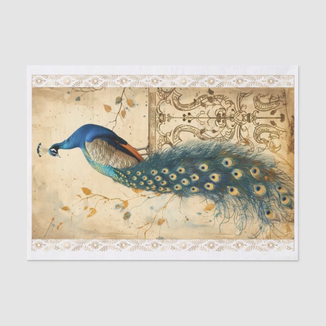 Vintager Pfau auf Damaskus - Zieruntergrund #3 Seidenpapier (Vorderseite)