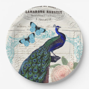 Vintager Pfau auf der französischen Ephemerakolage Pappteller