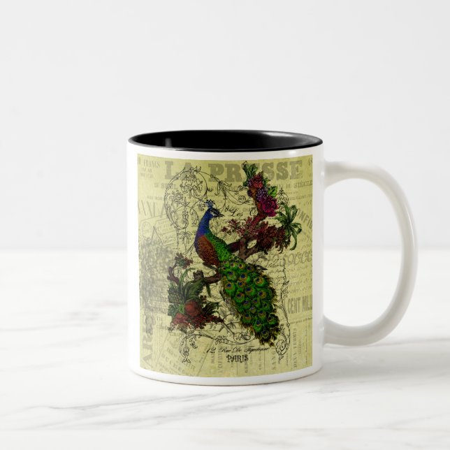 Vintager Pfau auf Zweigkleidung und Geschenke Zweifarbige Tasse (Rechts)