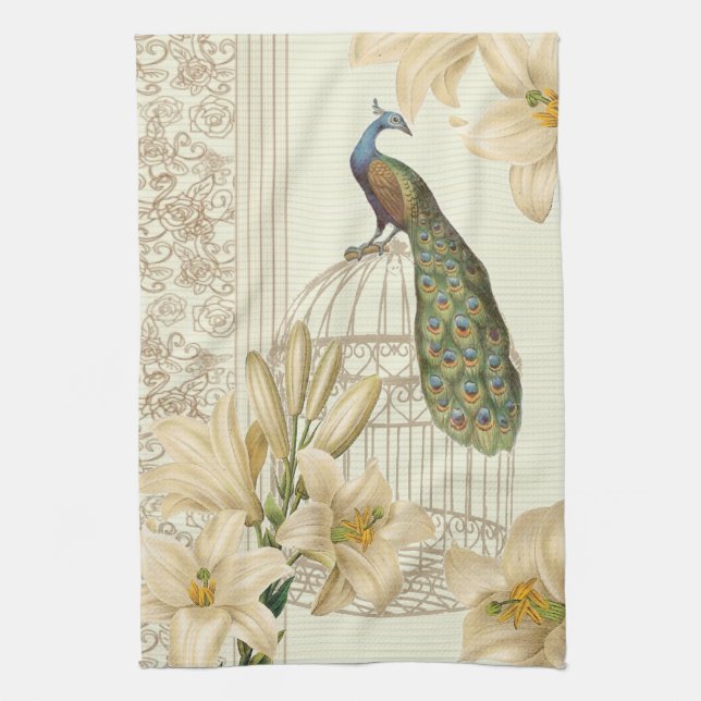 Vintager Pfau der französischen Lilie im Jugendsti Geschirrtuch (Vertikal)