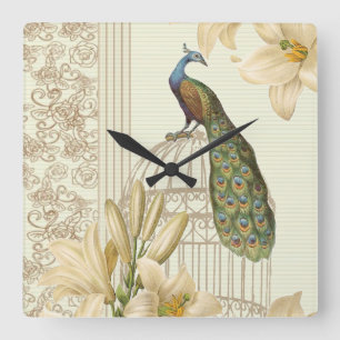 Vintager Pfau der französischen Lilie im Jugendsti Quadratische Wanduhr