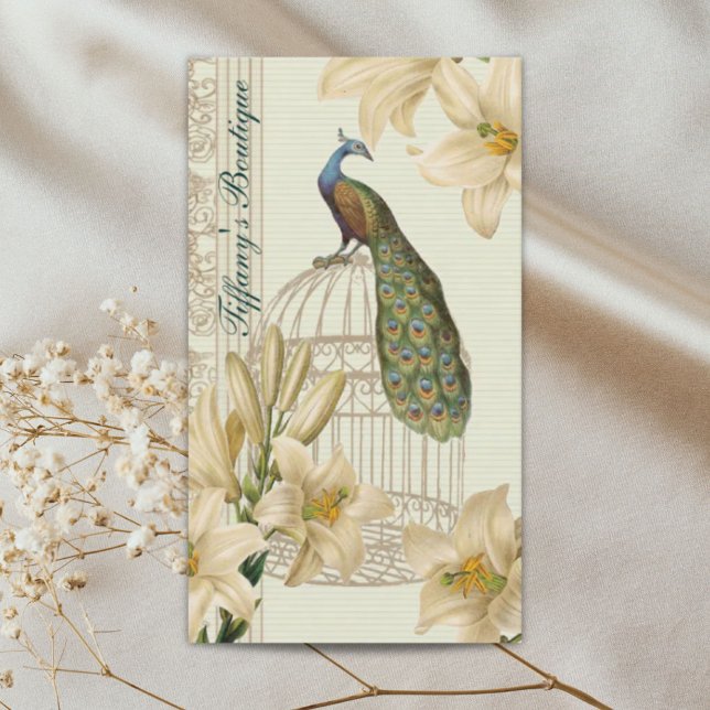 Vintager Pfau der französischen Lilie im Jugendsti Visitenkarte (art nouveau french lily vintage birdcage peacock business card)