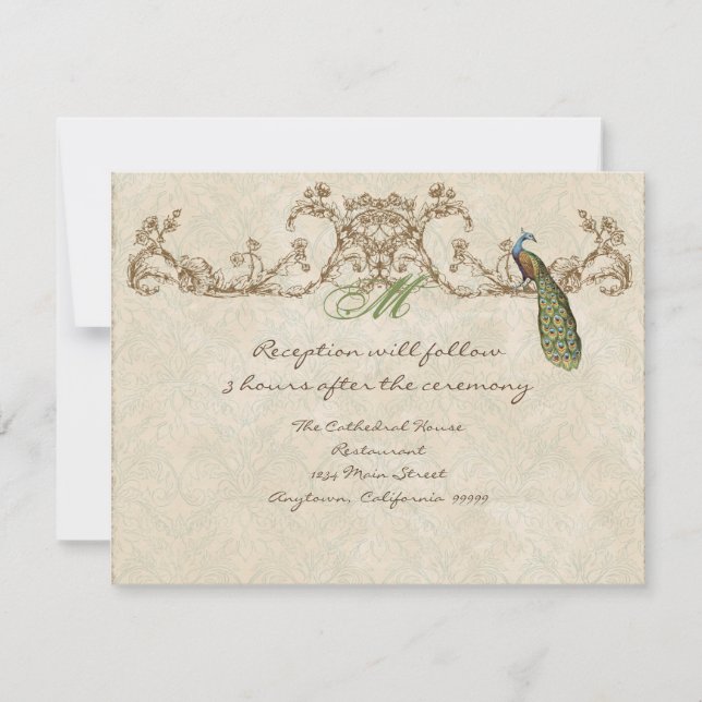 Vintager Pfau & Etchings Empfang Einladung (Vorderseite)