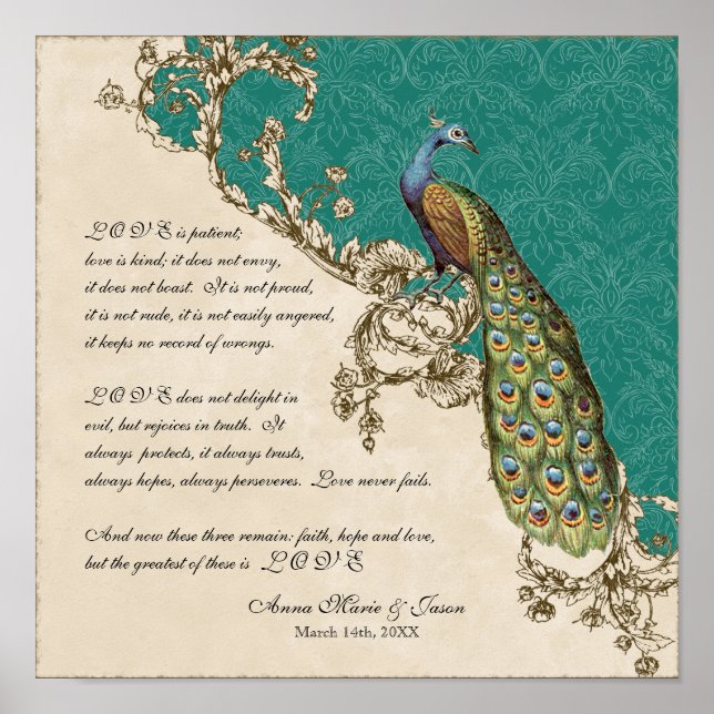 Vintager Pfau & Etchings - Hochzeit Personalisiert Poster (Vorne)