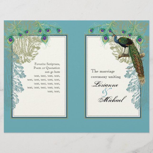 Vintager Pfau, Federn - Hochzeitsprogramm (Vorderseite)