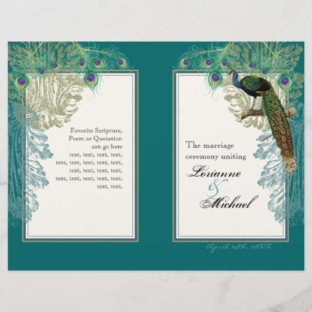 Vintager Pfau, Federn - Hochzeitsprogramm (Vorderseite)