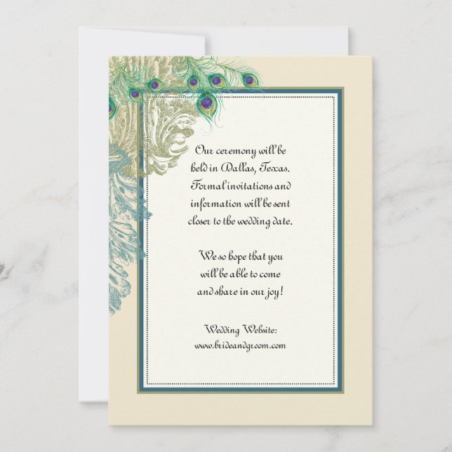 Vintager Pfau, Federn in Etchings Save the Date (Vorderseite)