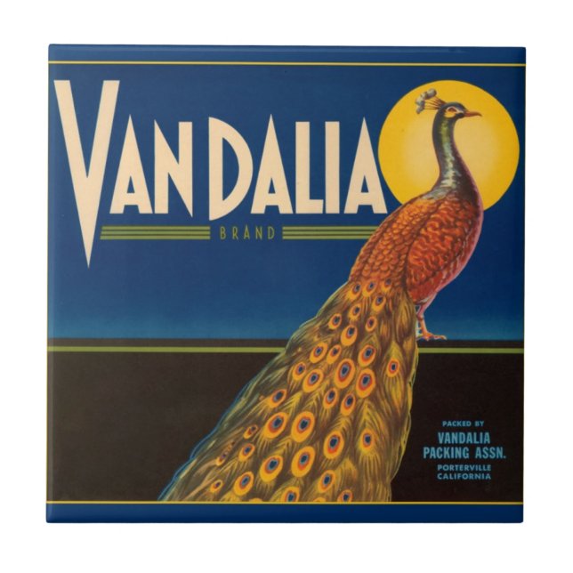 Vintager Pfau-Frucht-Kisten-Aufkleber Fliese (Vorderseite)