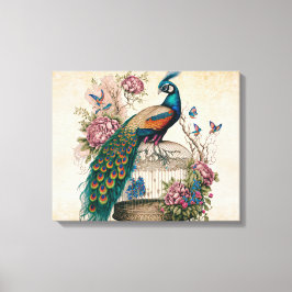 Vintager Pfau im Vogelkäfig Viktorianisch Leinwanddruck