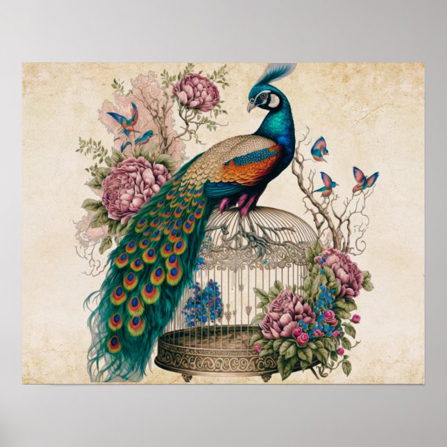 Vintager Pfau im Vogelkäfig Viktorianisch Poster (Vorne)