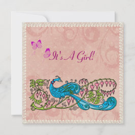 Vintager Pfau-Lacy rosa Baby-Dusche Einladung