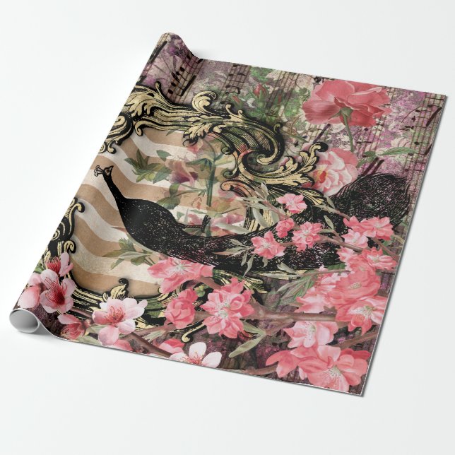 Vintager Pfau mit Frame Pink Floral Geschenkpapier (Ungerollt)