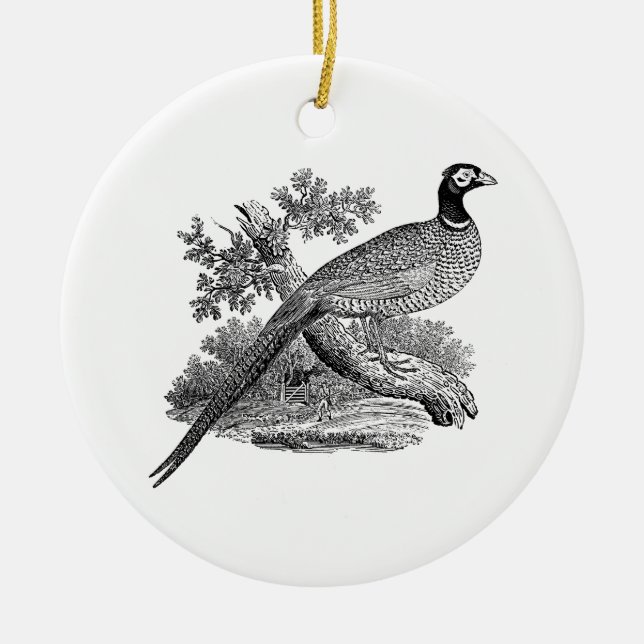 Vintager Pheasant Game Bird Zeichne BW Keramikornament (Vorne)
