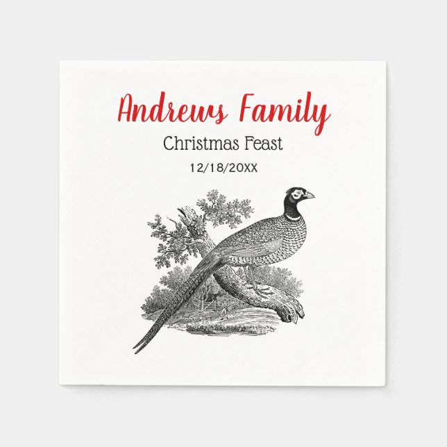 Vintager Pheasant Game Bird Zeichne BW Weihnachten Serviette (Vorderseite)