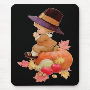 Vintager Pilgrim Boy auf Pumpkin Mousepad beten