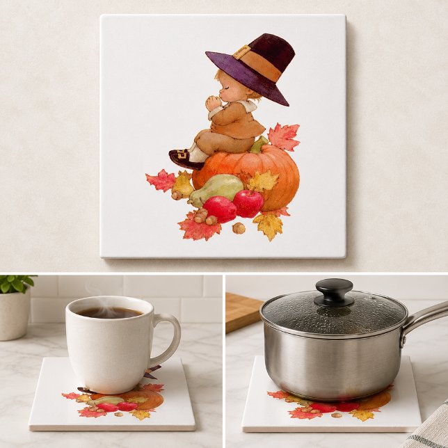 Vintager Pilgrim Boy betet auf Pumpkin Fliese (Vintage Pilgrim Boy Praying on Pumpkin Tile)