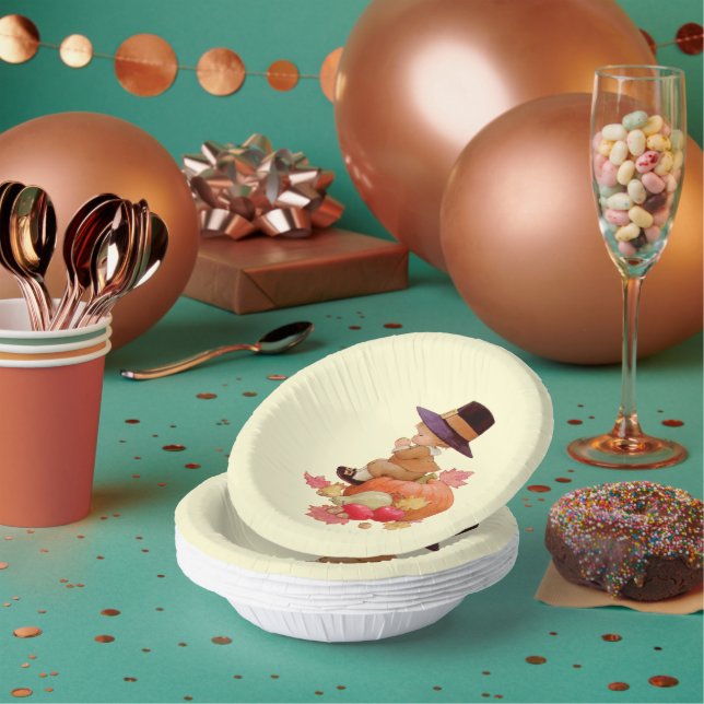 Vintager Pilgrim Boy betet auf Pumpkin Pappteller (Multi)