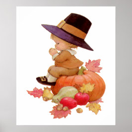 Vintager Pilgrim Boy betet auf Pumpkin Poster
