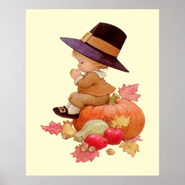 Vintager Pilgrim Boy betet auf Pumpkin Poster (Vorne)