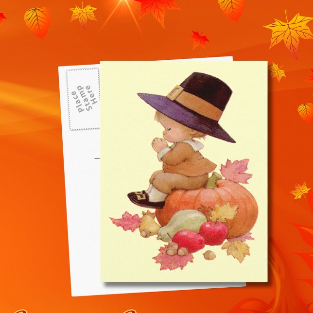 Vintager Pilgrim Boy betet auf Pumpkin Postkarte (Vintage Pilgrim Boy Praying on Pumpkin Postcard)