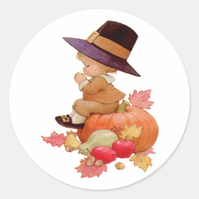 Vintager Pilgrim Boy betet auf Pumpkin Runder Aufkleber (Vorderseite)