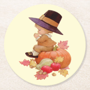 Vintager Pilgrim Boy betet auf Pumpkin Runder Pappuntersetzer