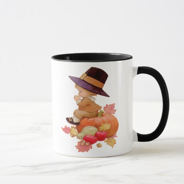 Vintager Pilgrim Boy betet auf Pumpkin Tasse (Rechts)