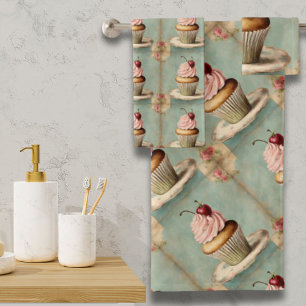 Vintager Pink Cupcake aus Frankreich Badhandtuch Set