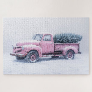 Vintager Pink Truck Weihnachtsbaum Puzzle