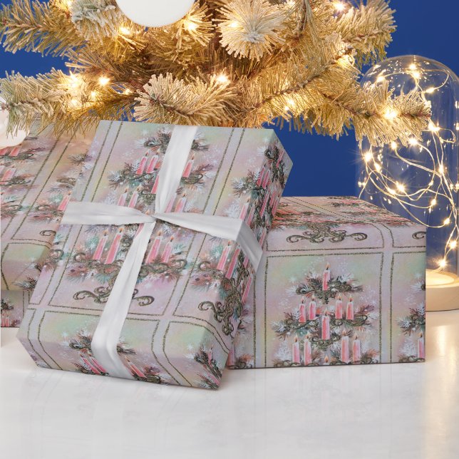 Vintager Pink Weihnachtskerzenbaum Geschenkpapier (Feiertage)