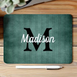 Vintager Pinstrichband-Retro-Monogramm Mousepad<br><div class="desc">Dieses Design zeichnet sich durch ein Vintages pinstripe Muster in Fichtengrün mit schwarzen gestanzten Streifen aus. Personalisieren Sie es mit Ihrem Monogramm Initial in schwarz und Ihren Namen in weißen Retro-Skript.</div>