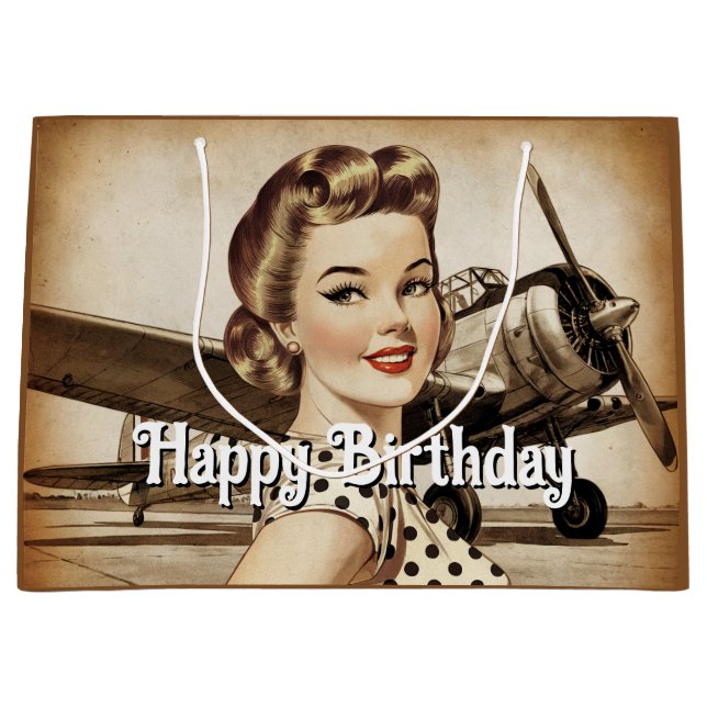 Vintager Pinup Girl & WW2 Flugzeug, elegant Große Geschenktüte (Vorderseite)