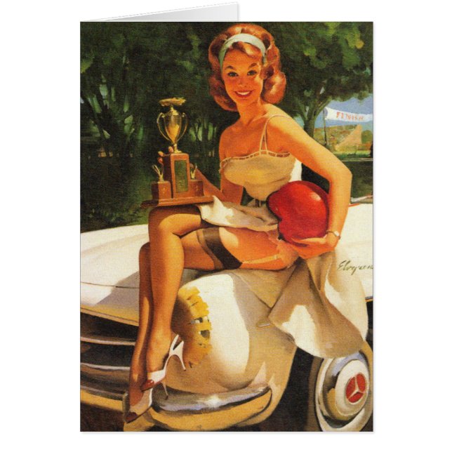 Vintager Pinup Glückwunschs Trophy Girl (Vorne)