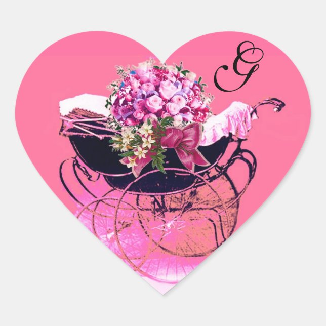 VINTAGER PRAM , BLUME BABY SHOWY HERZMONOGRAMM Herz-Aufkleber (Vorderseite)