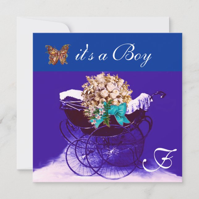 VINTAGER PRAM, BLUME, SCHALTFLÄCHEN BABY BOY DUSCH EINLADUNG (Vorderseite)