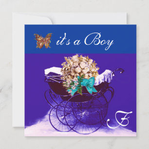 VINTAGER PRAM, BLUME, SCHALTFLÄCHEN BABY BOY DUSCH EINLADUNG