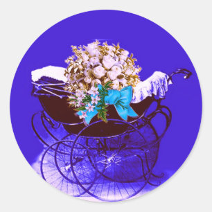 VINTAGER PRAM MIT BLUME BABY DUSCHE RUNDER AUFKLEBER