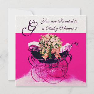 VINTAGER PRAM MIT BLUME BABY DUSCHMONOGRAM EINLADUNG