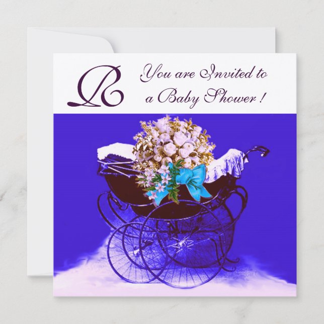 VINTAGER PRAM MIT BLUME BABY DUSCHMONOGRAM EINLADUNG (Vorderseite)