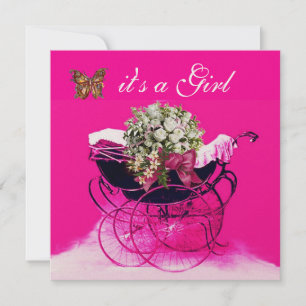 VINTAGER PRAM MIT BLUME, SCHALTFLÄCHEN BABY DUSCHE EINLADUNG